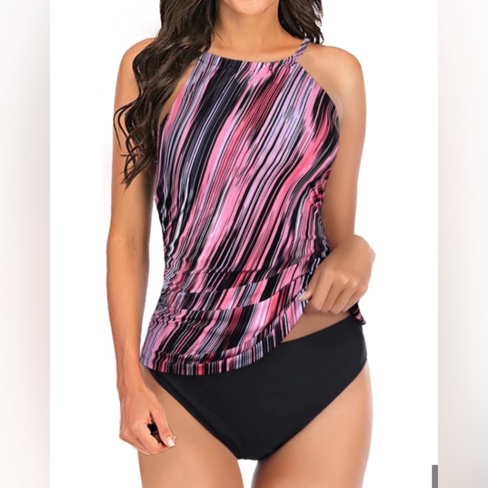 Tempt Me High Neck Ruched Sides Tummy Control Tankini Top - Picture 1 of 9